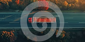 The truck is driving along the road. View from above