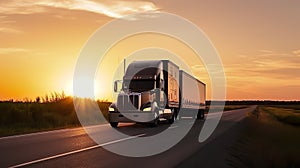 Truck driving on the asphalt road in rural landscape at sunset with dark clouds.