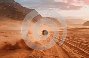 Truck Driving Through Desert With Mountains in Background