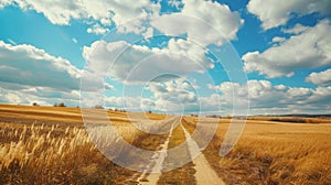 Truck driving dirt road wheat field blue sky