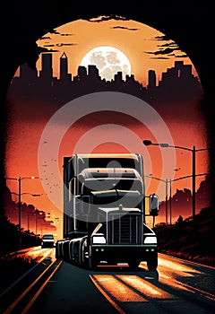 Truck driving on the freeway at sunset. AI generated