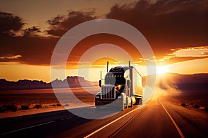 Truck driving on the freeway at sunset. AI generated