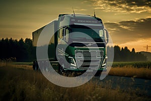 Truck driving on the highway against a background of green cereals at sunset.