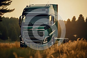 Truck driving on the highway against a background of green cereals at sunset.