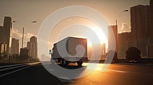 truck driving on the highway in the city at sunset
