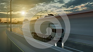 Truck driving on a highway at sunset backlit by a bright orange sunburst under an ominous cloudy sky. Transports, logistics