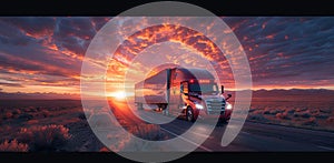 truck driving on highway in sunset, in the style of photorealistic detail, dark gray and navy, romantic landscape
