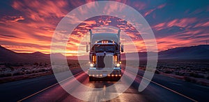 truck driving on highway in sunset, in the style of photorealistic detail, dark gray and navy, romantic landscape