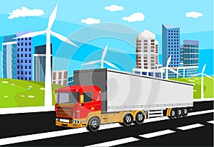 Truck driving on the highway, urban building and green hilld on background, countryside