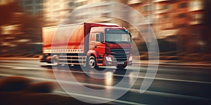 Truck driving on the road with cityscape motion blur background. Generative AI