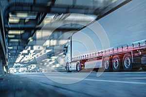 Truck driving on a road through an industrial style tunnel