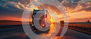 a truck driving on the road at sunset