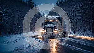 Truck driving winter night road cold logistic commercial traffic industry