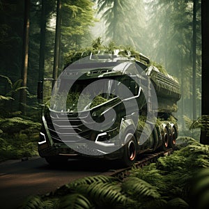 Truck. Ecological concept. Truck made of green vegetation in the forest