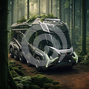 Truck. Ecological concept. Truck made of green vegetation in the forest