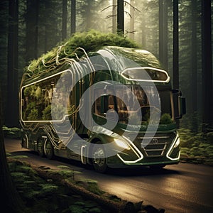 Truck. Ecological concept. Truck made of green vegetation in the forest