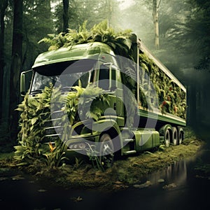 Truck. Ecological concept. Truck made of green vegetation in the forest