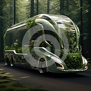 Truck. Ecological concept. Truck made of green vegetation in the forest