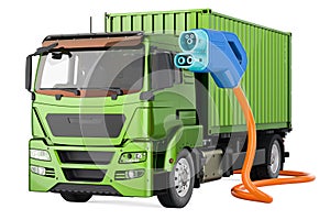 Truck with electric car charging plug. Eco-friendly transport, concept. 3D rendering