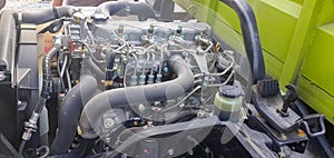 truck engine with copy space for text. Metallic background of the internal diesel truck engine