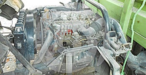 truck engine with copy space for text. Metallic background of the internal diesel truck engine