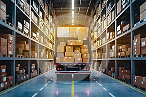 Truck filled with shipping boxes in warehouse bay, logistics concept