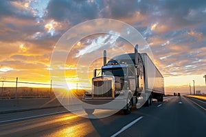 Truck on Fire: Big Rig Speeding on Sunset Road Wallpaper and Design, Generative AI