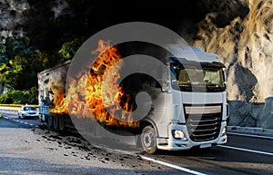 Truck in flames. The tank of the truck in flames. Fire struck the truck. Danger of explosion. Truck carrying freight. Romania,