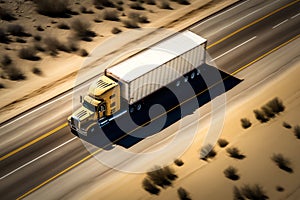 Truck with freight moving fast. Big truck driving on road. Blurred image. Generative AI.