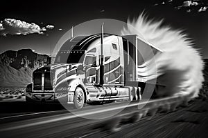 Truck with freight moving fast. Big truck driving on road. Blurred image. Generative AI.