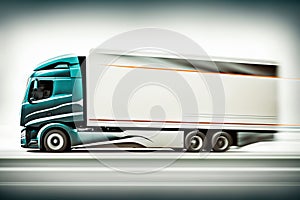 Truck with freight moving fast. Big truck driving on road. Blurred image. Generative AI.