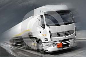 Truck with fuel tank in motion