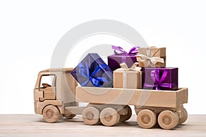 Truck with gifts in different boxes.