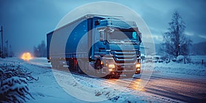 Truck with glowing headlamps drives along ice road in winter evening. Shipping vehicle delivers cargo across country in