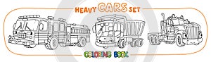 Funny heavy cars with eyes. Coloring book set