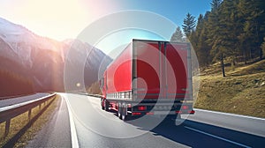 Truck on highway road with red container. Generative Ai