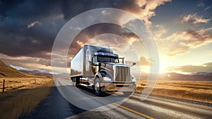 Truck on the highway at sunset. The sun drops below the horizon, casting a warm orange light on an open, powerful semi-trailer