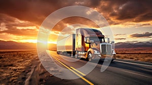 Truck on the highway at sunset. The sun drops below the horizon, casting a warm orange light on an open, powerful semi-trailer