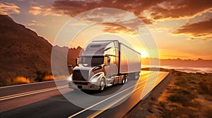 Truck on the highway at sunset. The sun drops below the horizon, casting a warm orange light on an open, powerful semi-trailer