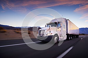 Truck and highway at sunset - transportation background photo