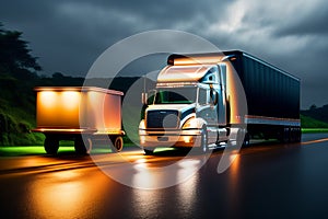truck and highway at sunset - transportation background. Truck on freeway on motorway with delivery goods