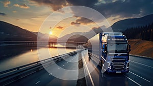 Truck on the highway at sunset, transportation and logistics concept