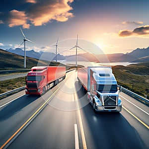 Truck on a highway with wind turbines