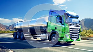 Truck with hydrogen fuel tank trailer H2 Hydrogen. Renewable or sustainable electricity.
