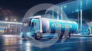 Truck with hydrogen fuel tank trailer at night.