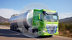 Truck with hydrogen fuel tank trailer on a road. Commercial logistic truck transport with green power.