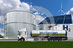 Truck with hydrogen tank trailer on the background of gas storage