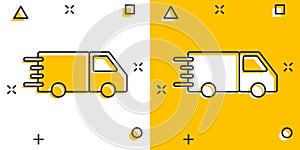 Truck icon in comic style. Auto delivery cartoon vector illustration on white isolated background. Lorry automobile splash effect