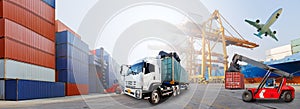 Truck with Industrial Container Cargo for Logistic Import and cargo plane flying above container dock and ship port use for