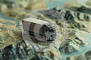 a truck layout standing on a map with 3D landscape elements,a place for text,the concept of logistics and transport,cargo